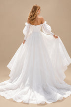 Rutipo White Ball-Gown Square Neckline Long Sleeves Organza Sweep Train Wedding Dress With Ruffle