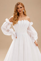 Rutipo White Ball-Gown Square Neckline Long Sleeves Organza Sweep Train Wedding Dress With Ruffle