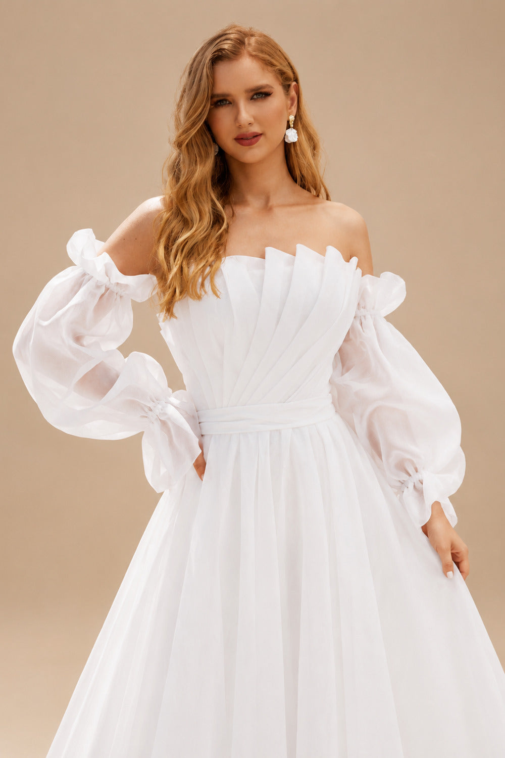 Rutipo White Ball-Gown Square Neckline Long Sleeves Organza Sweep Train Wedding Dress With Ruffle