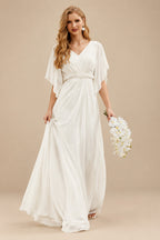 Rutipo Ivory A-Line Scoop Neck Long Sleeves Chiffon Floor-Length Wedding Dress