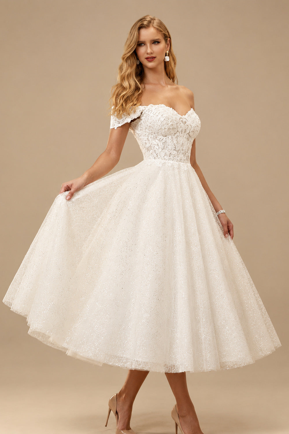 Rutipo Ivory A-Line Off-The-Shoulder Sleeveless Lace Sequined Tea-Length Wedding Dress