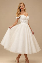 Rutipo Ivory A-Line Off-The-Shoulder Sleeveless Lace Sequined Tea-Length Wedding Dress