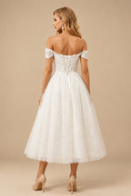 Rutipo Ivory A-Line Off-The-Shoulder Sleeveless Lace Sequined Tea-Length Wedding Dress