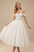 Rutipo Ivory A-Line Off-The-Shoulder Sleeveless Lace Sequined Tea-Length Wedding Dress
