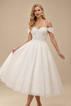 Rutipo Ivory A-Line Off-The-Shoulder Sleeveless Lace Sequined Tea-Length Wedding Dress