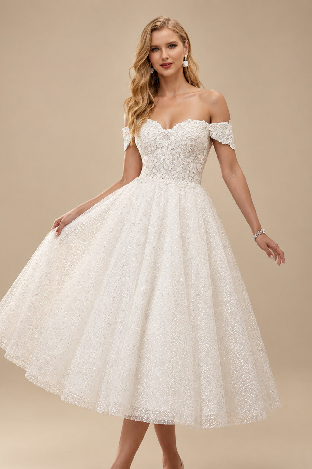 Rutipo Ivory A-Line Off-The-Shoulder Sleeveless Lace Sequined Tea-Length Wedding Dress