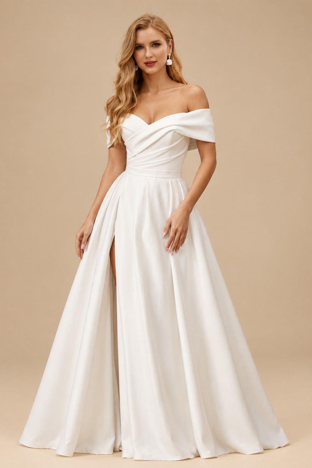 Rutipo Ivory Ball-Gown Off-The-Shoulder Sleeveless Satin Court Train Wedding Dress