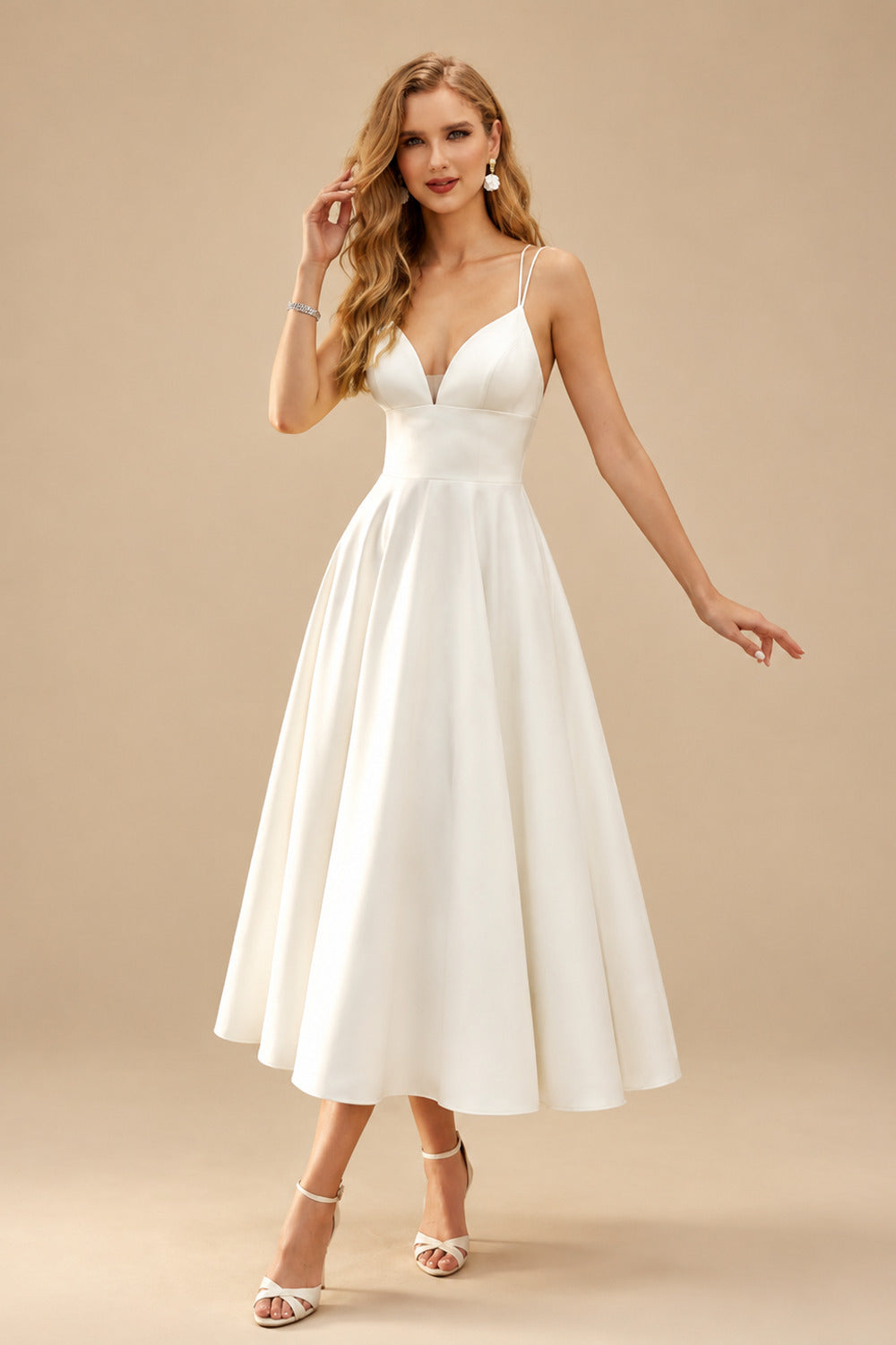 Rutipo Ivory A-Line V-Neck Sleeveless Tea-Length Satin Wedding Dress