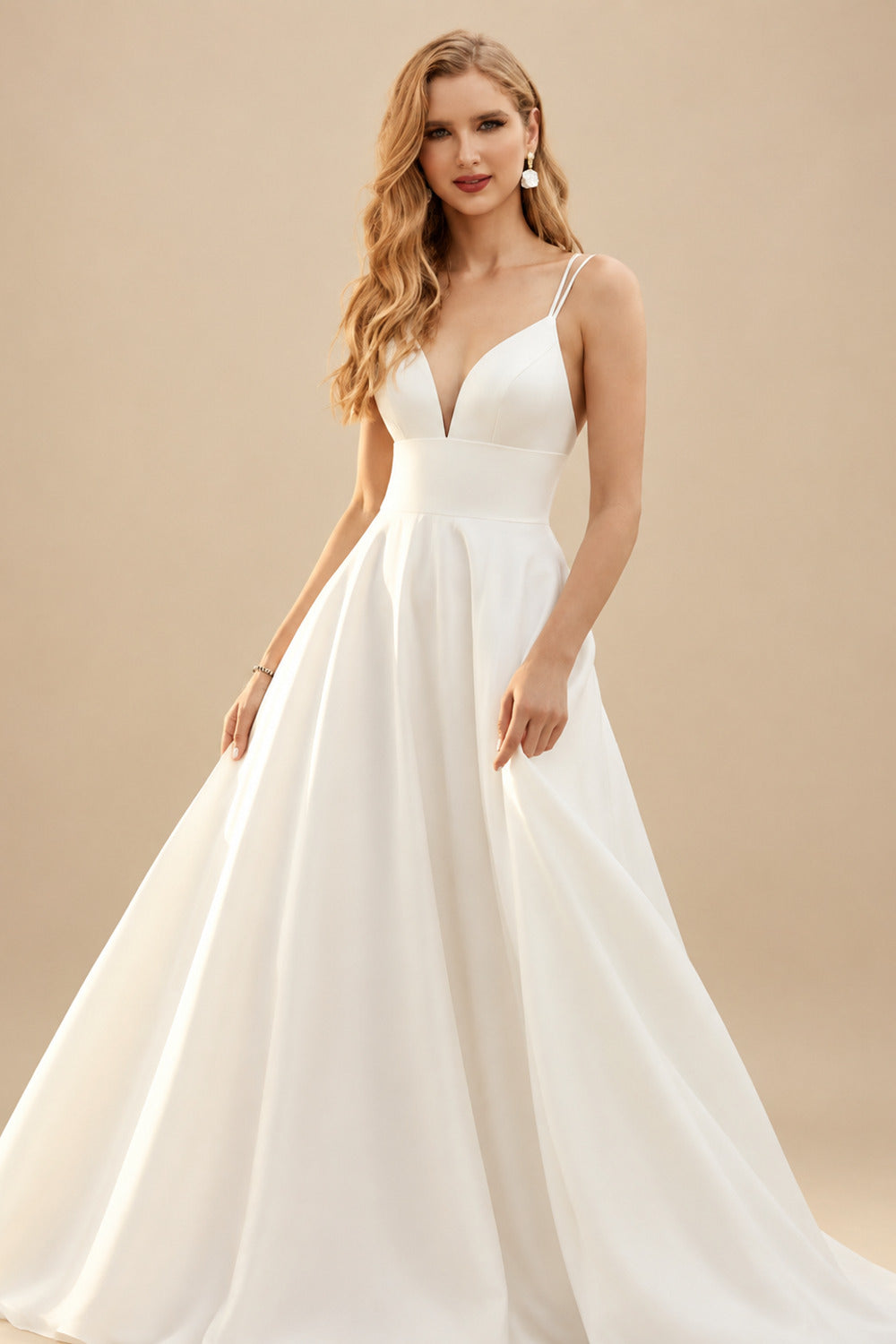 Rutipo Ivory A-Line V-Neck Sleeveless Tea-Length Satin Wedding Dress