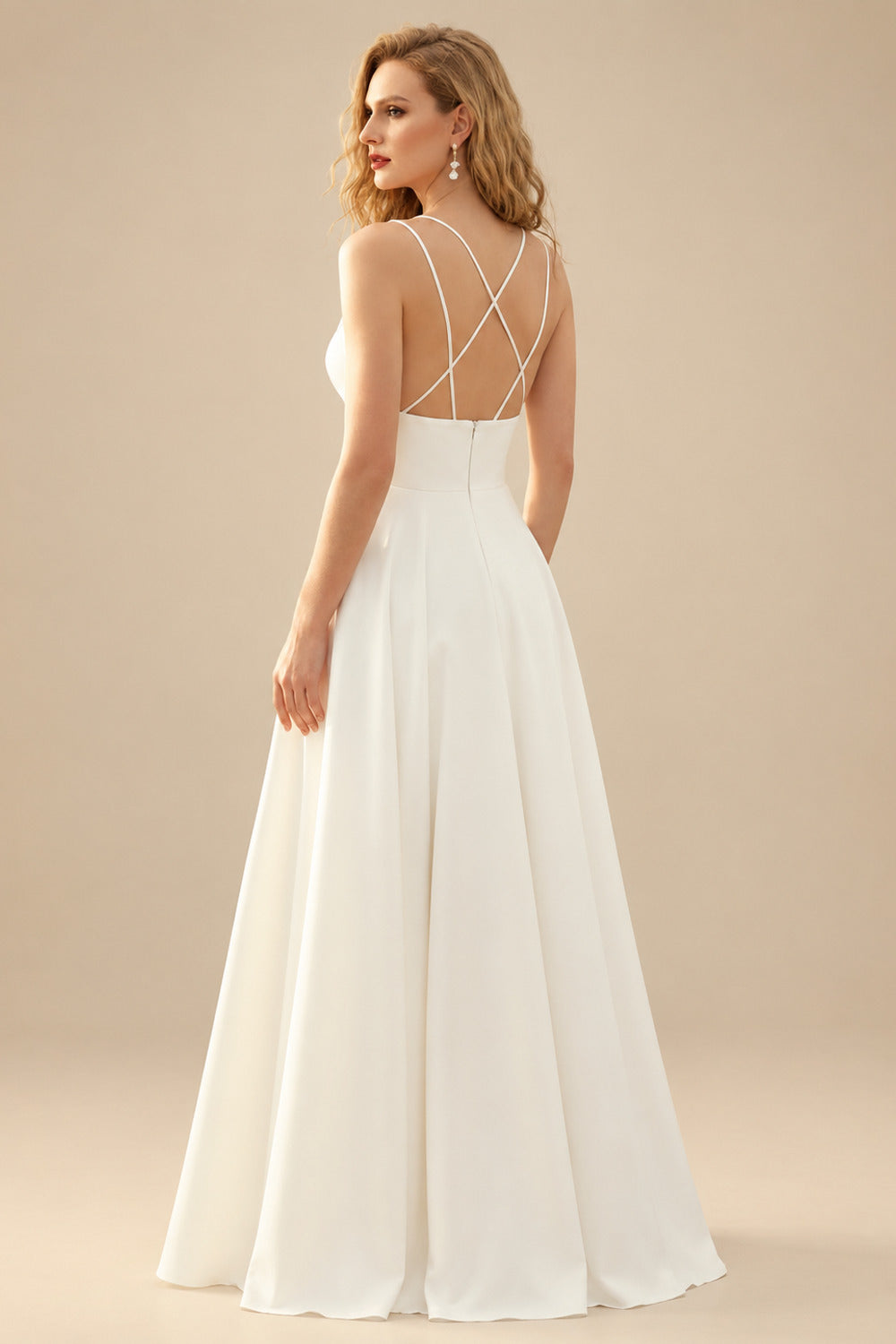Rutipo Ivory A-Line V-Neck Sleeveless Tea-Length Satin Wedding Dress