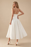 Rutipo Ivory A-Line V-Neck Sleeveless Tea-Length Satin Wedding Dress