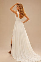 Rutipo Ivory A-Line Chapel Train Chiffon Wedding Dress With Split Front
