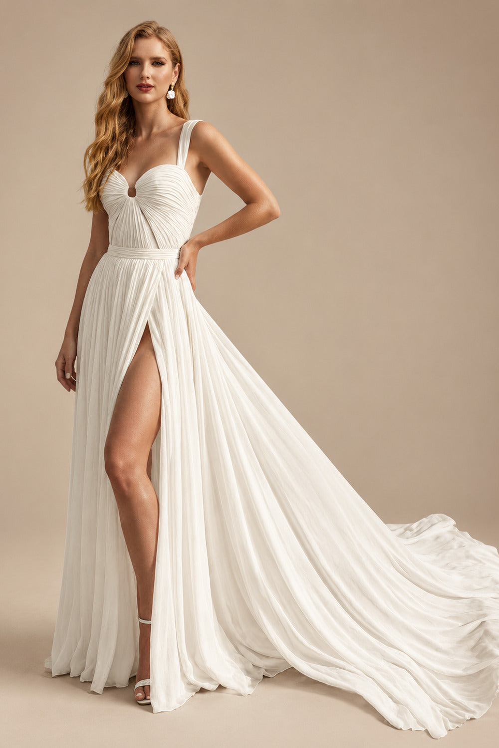 Rutipo Ivory A-Line Chapel Train Chiffon Wedding Dress With Split Front