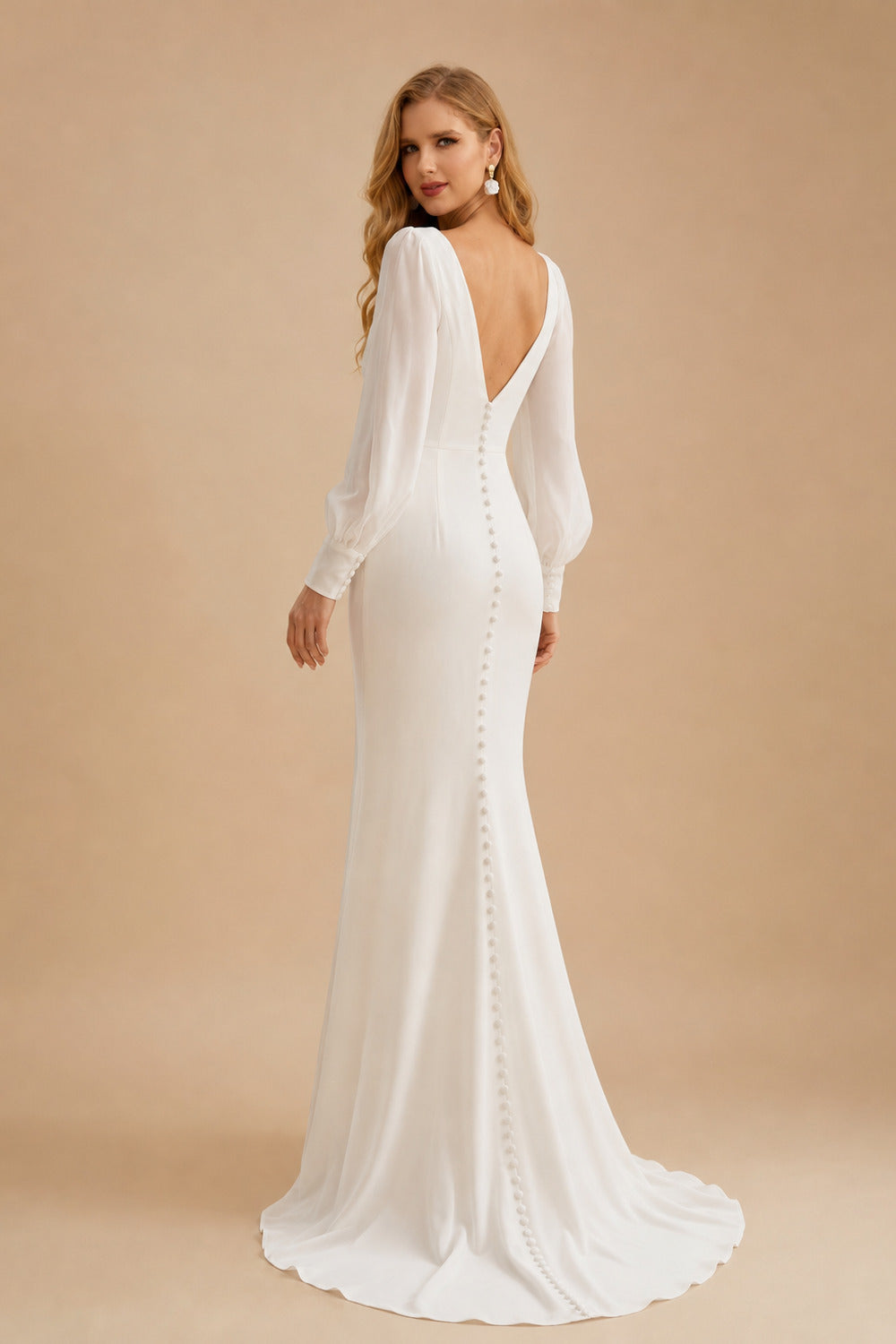 Rutipo Ivory Classic Long Lantern Sleeves V-Neck Ruched Chiffon Wedding Dress With Split Front