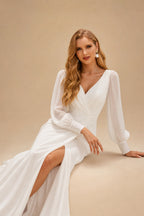 Rutipo Ivory Classic Long Lantern Sleeves V-Neck Ruched Chiffon Wedding Dress With Split Front