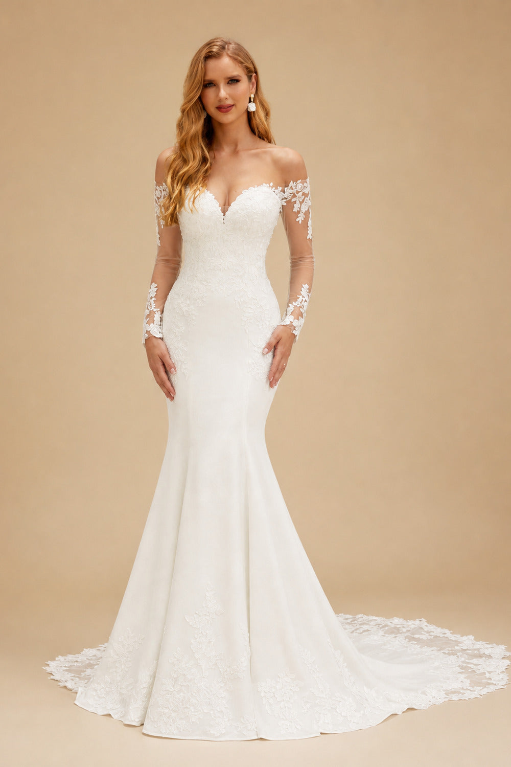 Rutipo Ivory Trumpet/Mermaid Sweetheart Cathedral Train Elastic Satin Wedding Dress With Appliques Lace