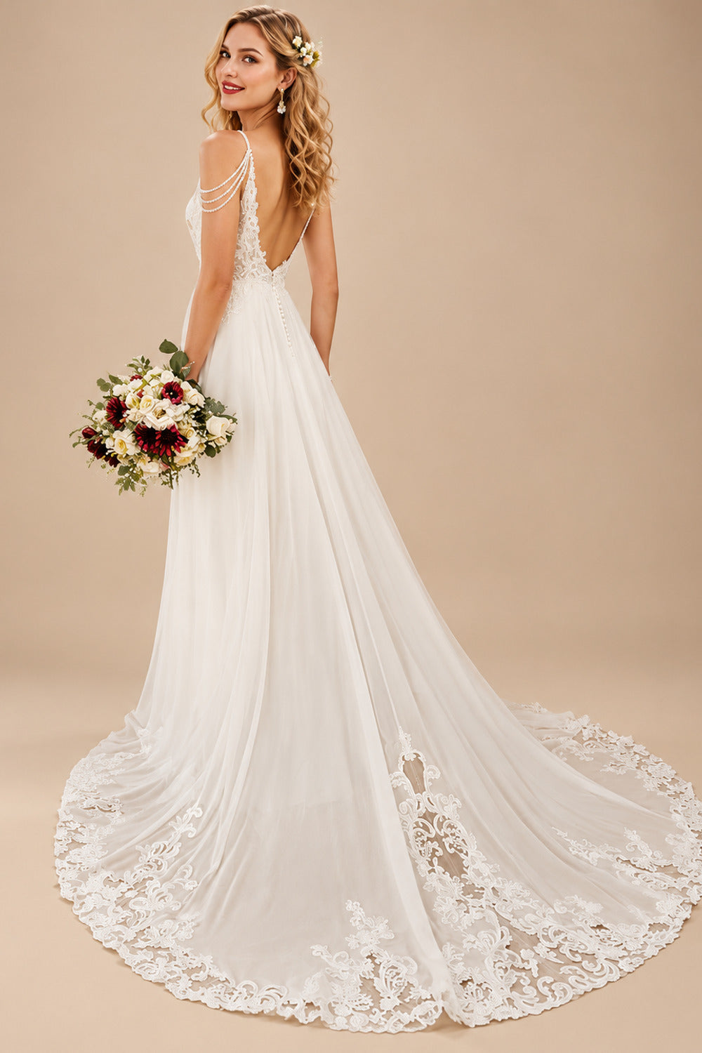 Rutipo Ivory A-Line V-Neck Sweep Train Wedding Dress With Lace Split Front