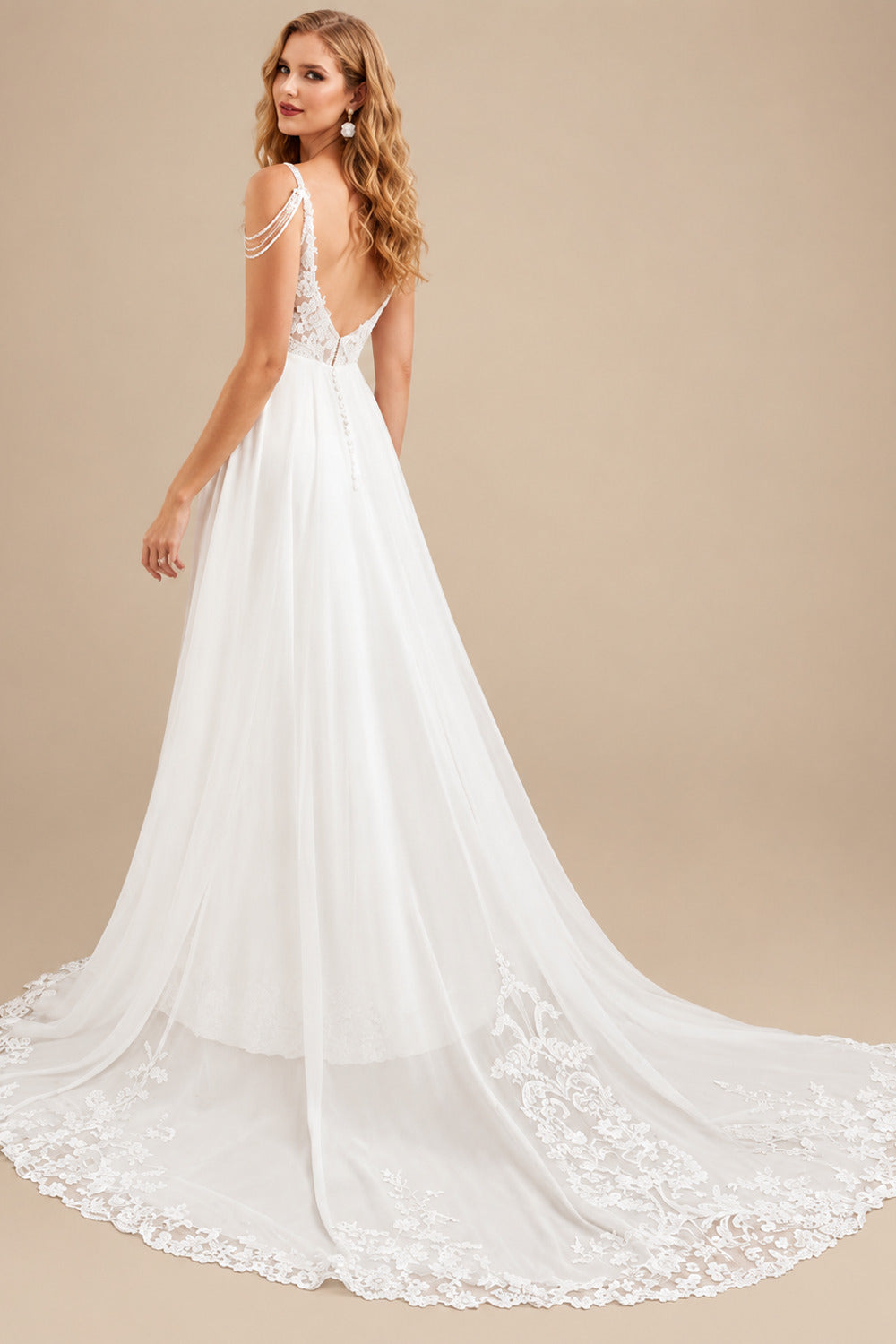 Rutipo Ivory A-Line V-Neck Sweep Train Wedding Dress With Lace Split Front