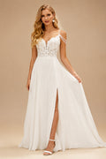 Rutipo Ivory A-Line V-Neck Sweep Train Wedding Dress With Lace Split Front