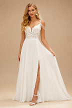 Rutipo Ivory A-Line V-Neck Sweep Train Wedding Dress With Lace Split Front