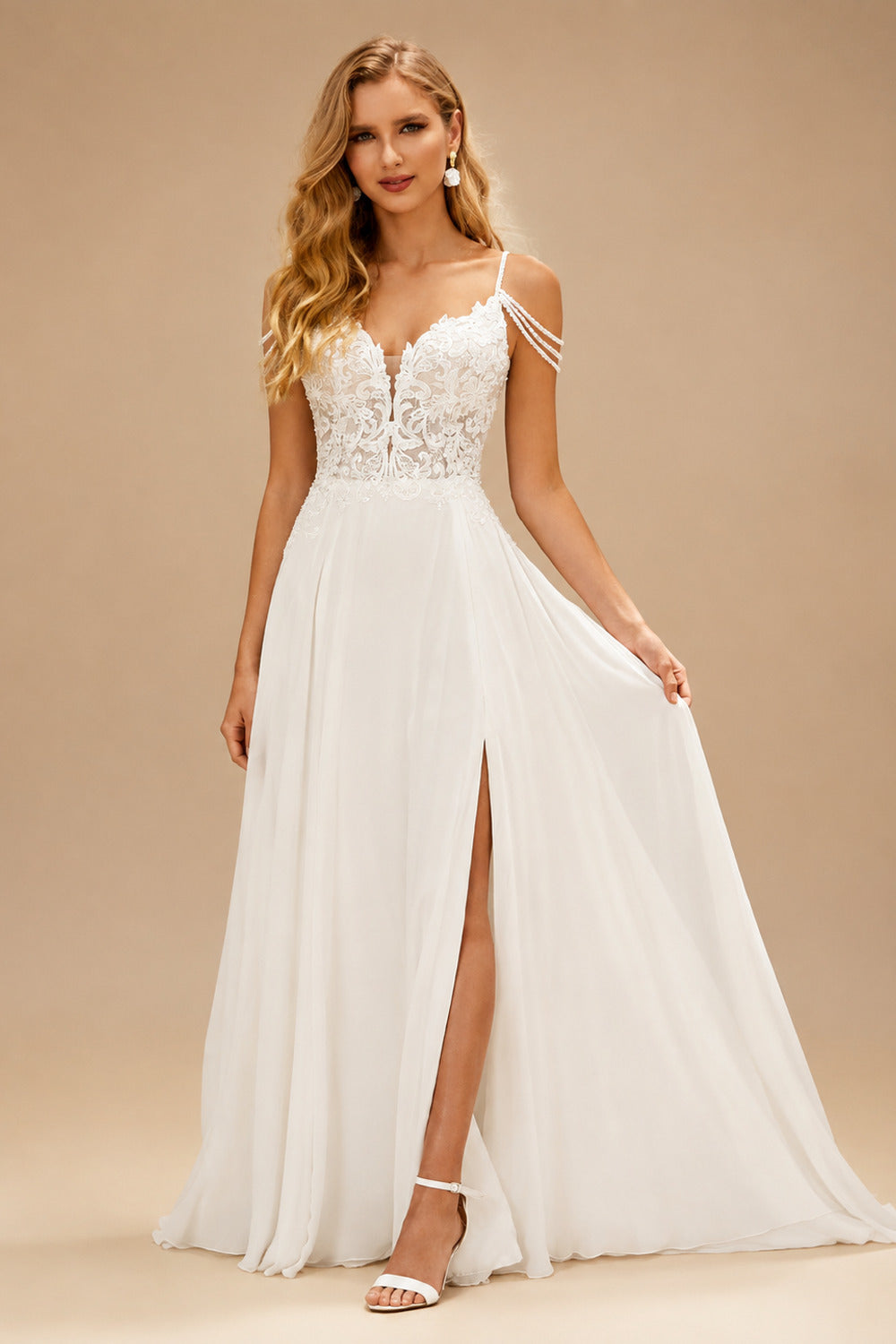 Rutipo Ivory A-Line V-Neck Sweep Train Wedding Dress With Lace Split Front