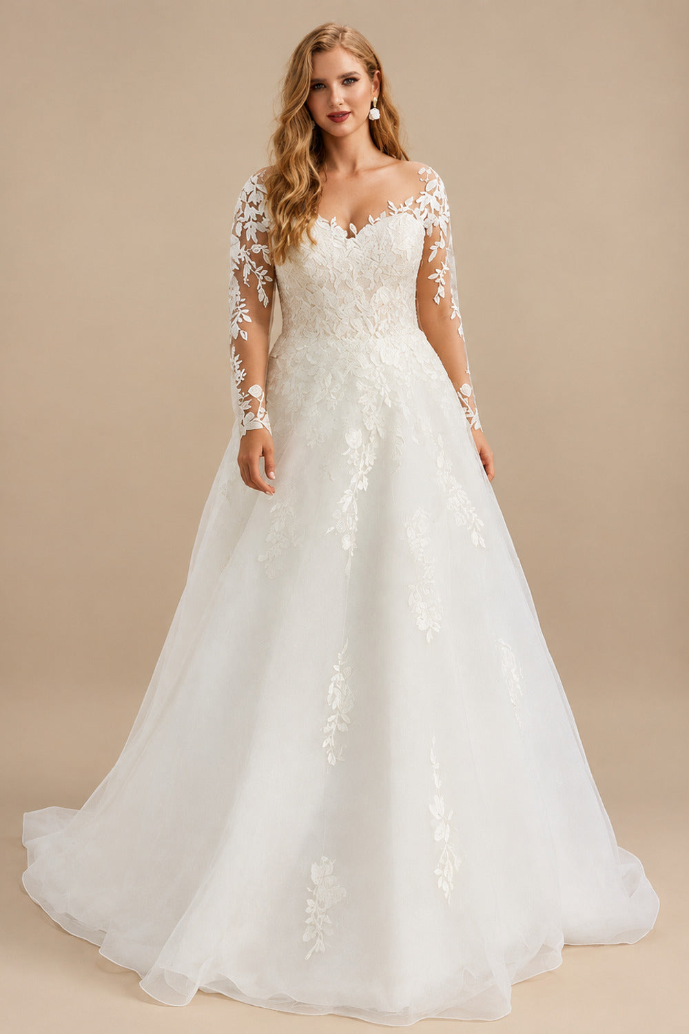 Rutipo As Picture Long Sleeves Plus Size Wedding Dress With Appliques Lace
