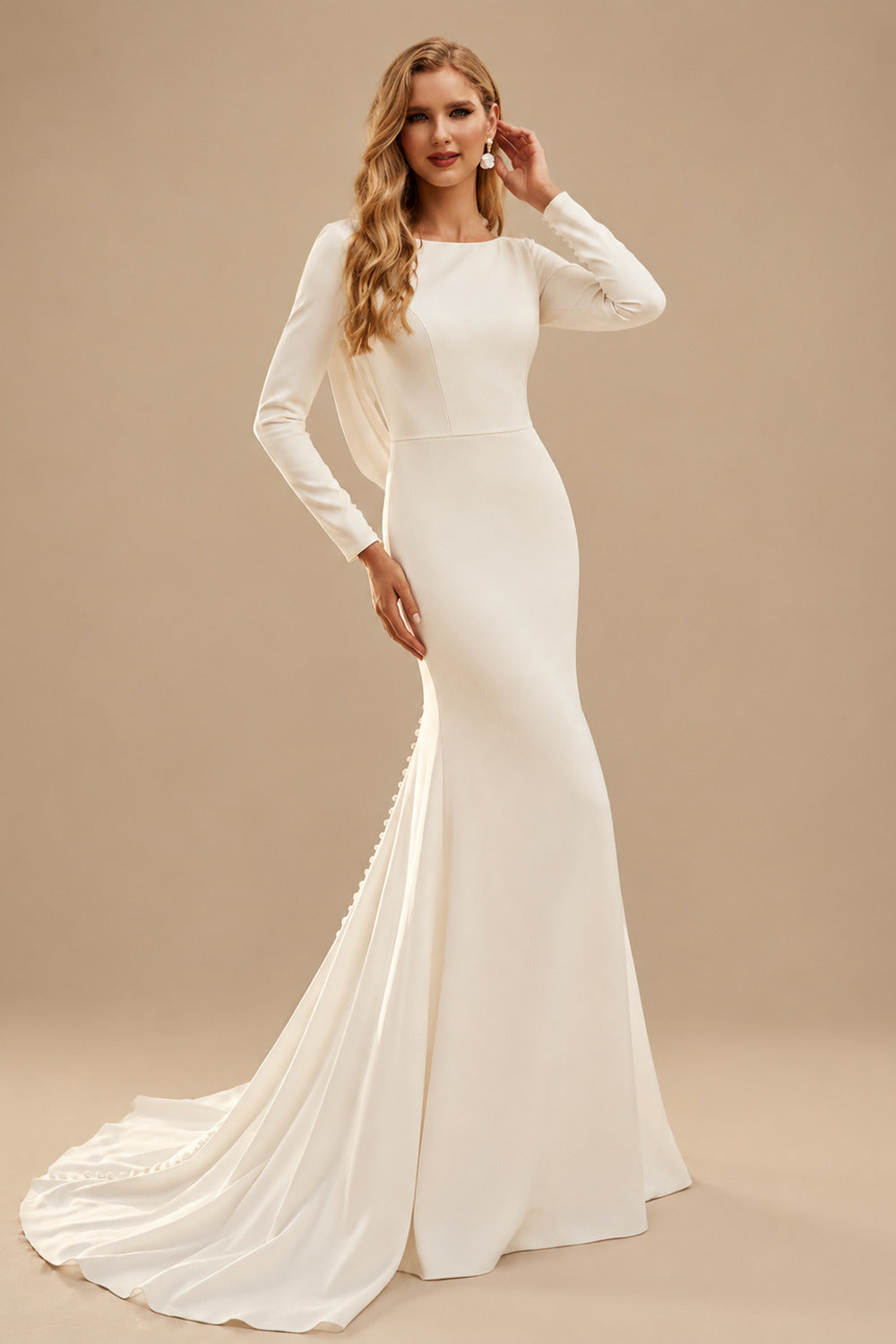 Rutipo Ivory Cowl Back Elegant Long Sleeves Wedding Dresses With Mermaid Elastic Satin