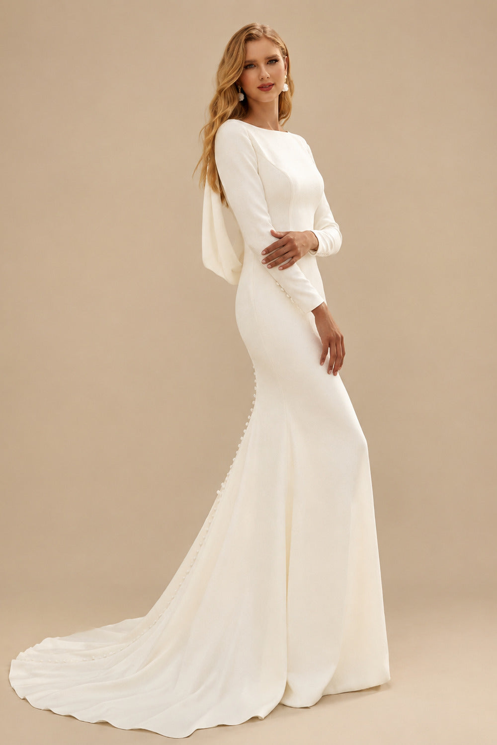Rutipo Ivory Cowl Back Elegant Long Sleeves Wedding Dresses With Mermaid Elastic Satin