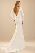 Rutipo Ivory Cowl Back Elegant Long Sleeves Wedding Dresses With Mermaid Elastic Satin