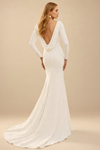 Rutipo Ivory Cowl Back Elegant Long Sleeves Wedding Dresses With Mermaid Elastic Satin