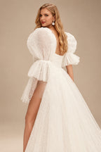 Rutipo Ivory Pearl Short Reception Wedding Dresses With Bubble Sleeves