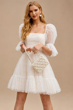 Rutipo Ivory Pearl Short Reception Wedding Dresses With Bubble Sleeves