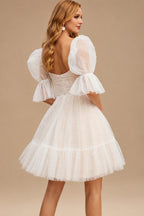 Rutipo Ivory Pearl Short Reception Wedding Dresses With Bubble Sleeves