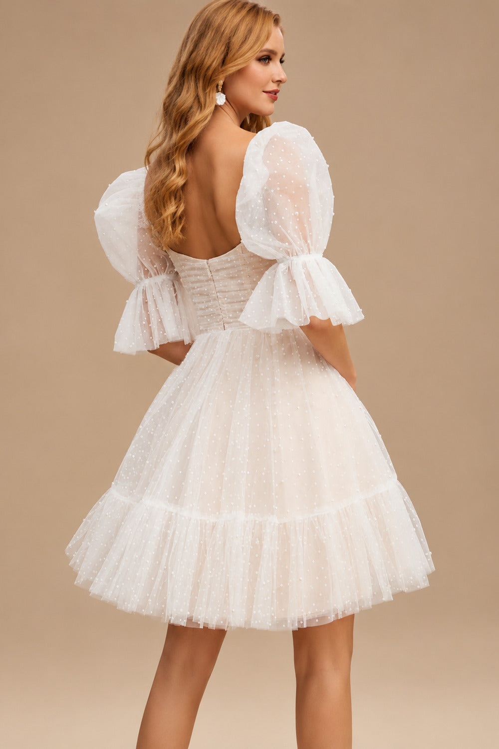 Rutipo Ivory Pearl Short Reception Wedding Dresses With Bubble Sleeves
