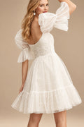Rutipo Ivory Pearl Short Reception Wedding Dresses With Bubble Sleeves