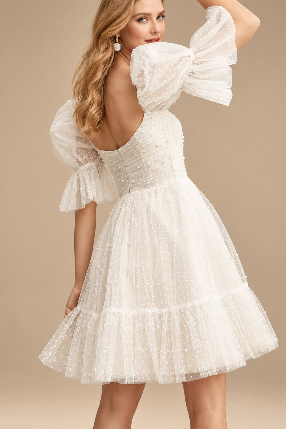 Rutipo Ivory Pearl Short Reception Wedding Dresses With Bubble Sleeves