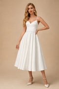 Rutipo Ivory Simple Pearl Beading Tea Length Wedding Dress