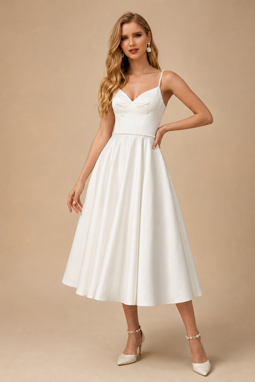 Rutipo Ivory Simple Pearl Beading Tea Length Wedding Dress