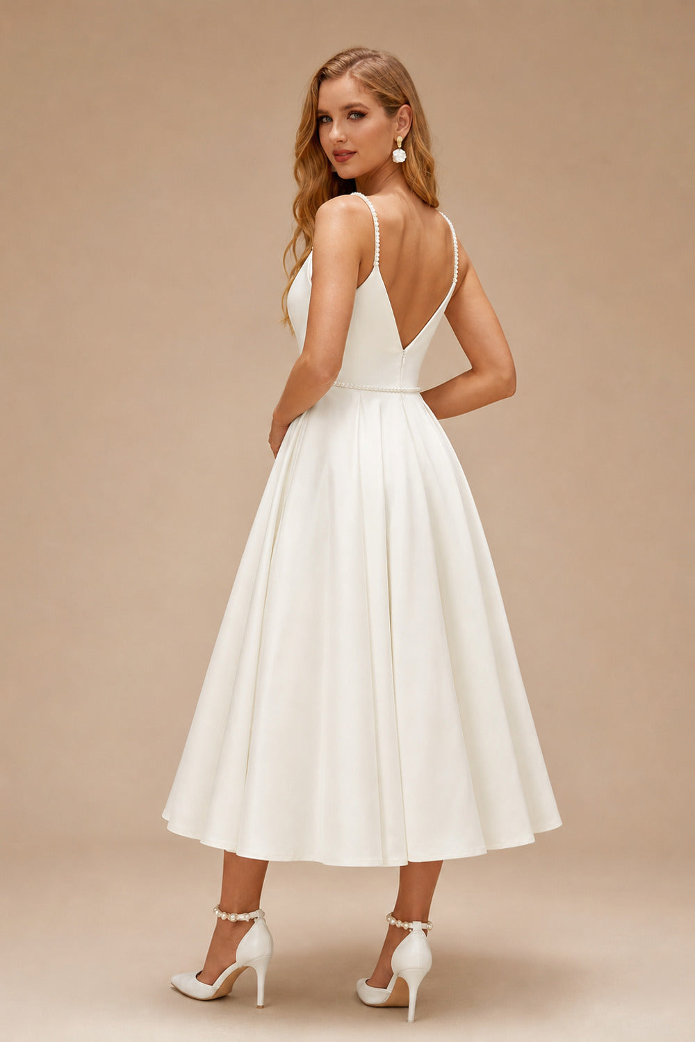 Rutipo Ivory Simple Pearl Beading Tea Length Wedding Dress
