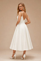 Rutipo Ivory Simple Pearl Beading Tea Length Wedding Dress
