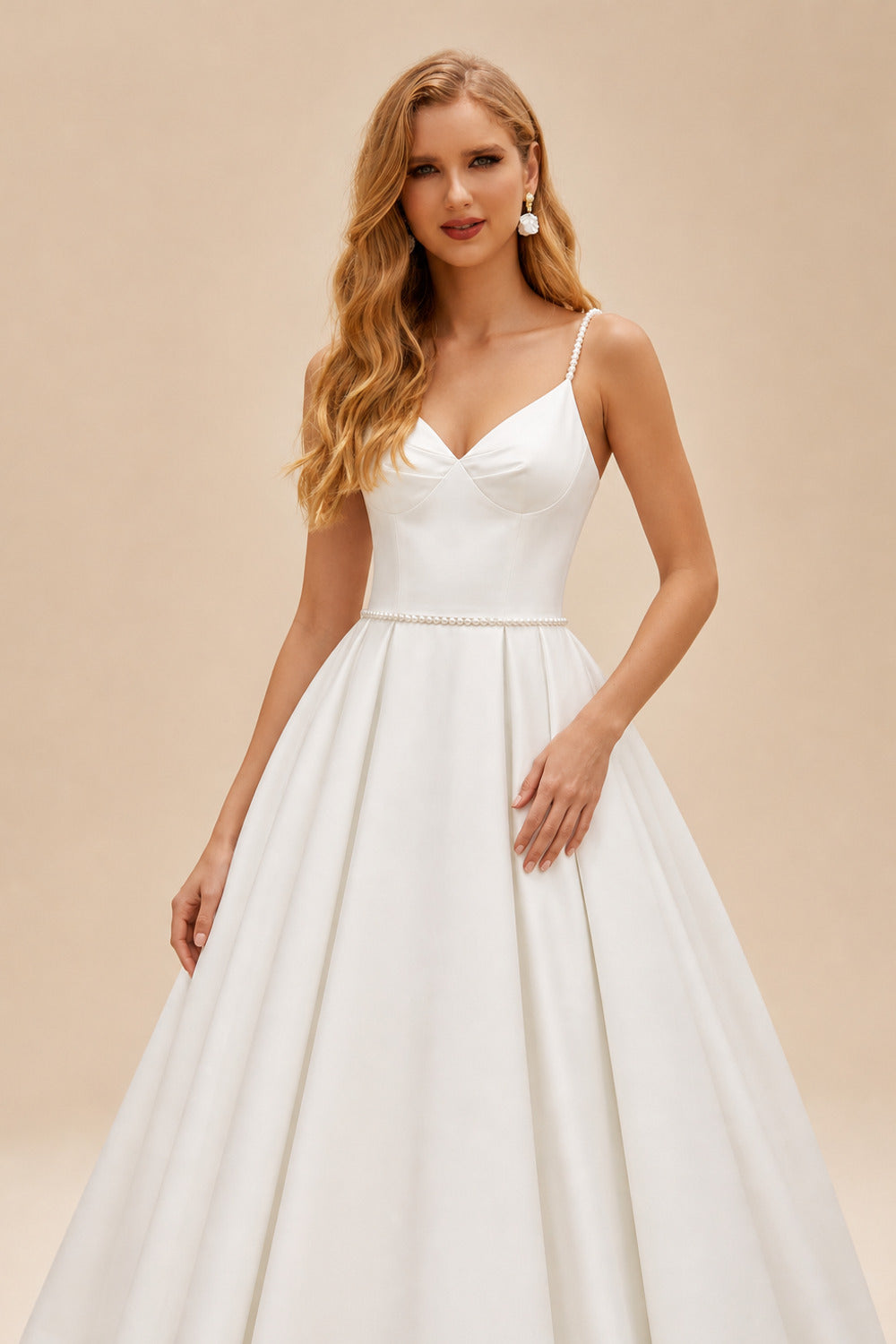 Rutipo Ivory Simple Pearl Beading Tea Length Wedding Dress