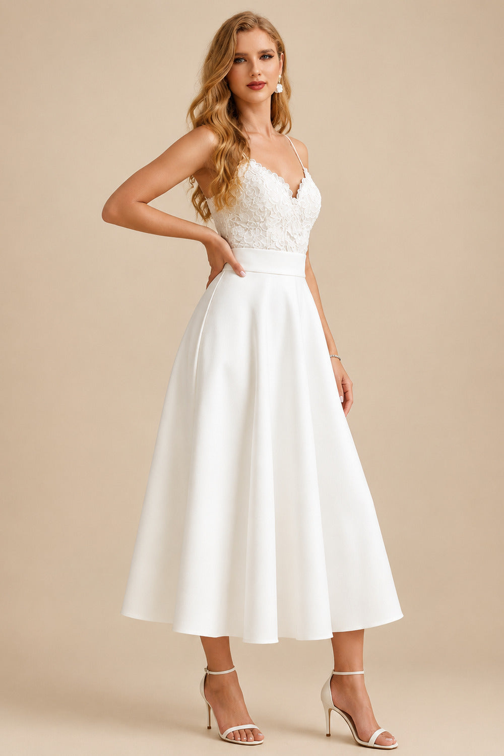 Rutipo Ivory Lace Short Reception Wedding Dresses With Tea-Length