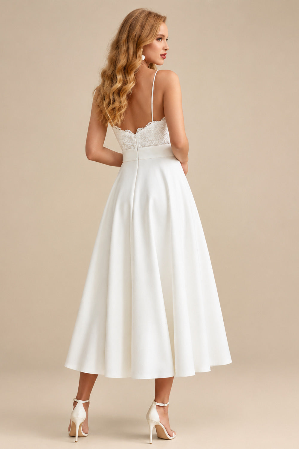 Rutipo Ivory Lace Short Reception Wedding Dresses With Tea-Length