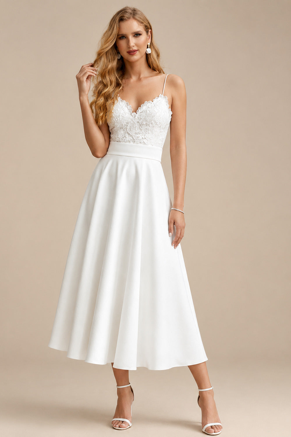 Rutipo Ivory Lace Short Reception Wedding Dresses With Tea-Length