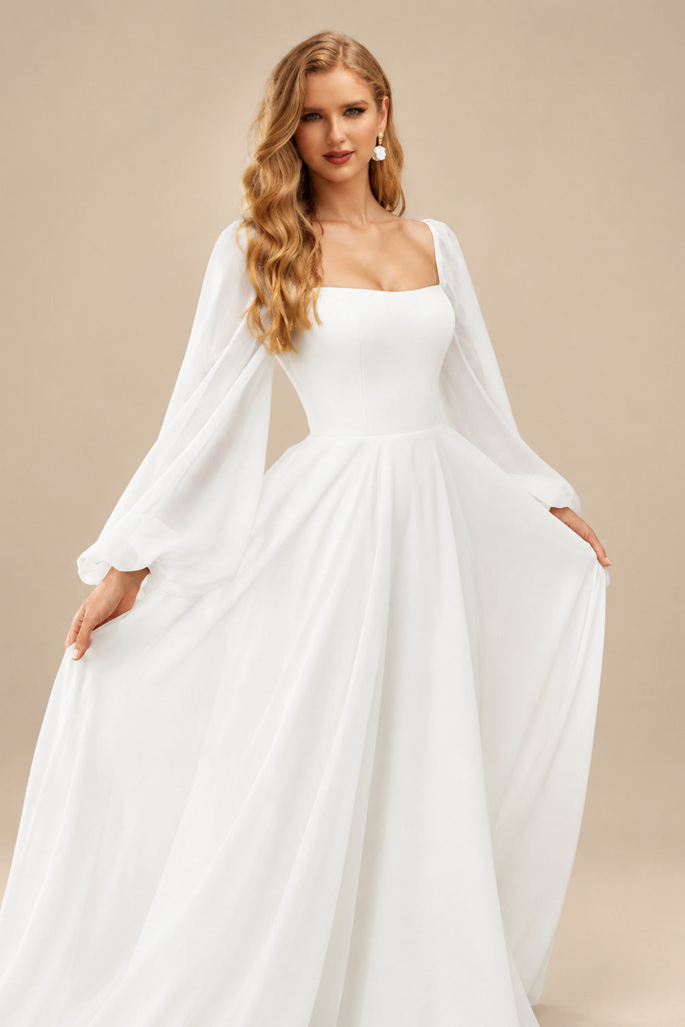 Rutipo Ivory Long Sleeves Simple Wedding Dresses With Square Neckline