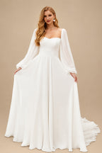 Rutipo Ivory Long Sleeves Simple Wedding Dresses With Square Neckline