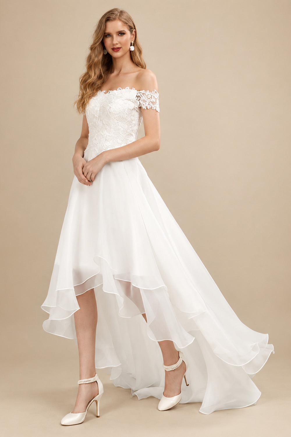 Rutipo Ivory Simple High Low Wedding Dresses A Line Off The Shoulder Sleeveless Lace Bridal Dresses With Train