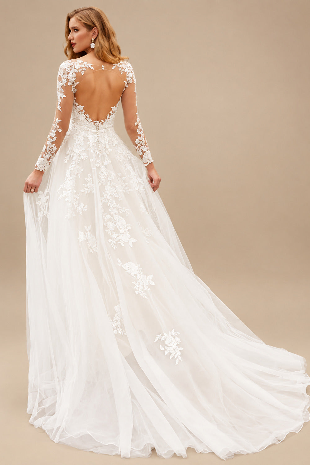 Rutipo Ivory Modern Lace Ball Gown Wedding Dress With Long Sleeves
