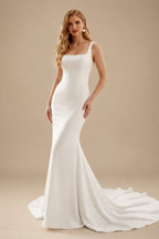 Rutipo Ivory Simple Square Neckline Wedding Dress With Elastic Satin
