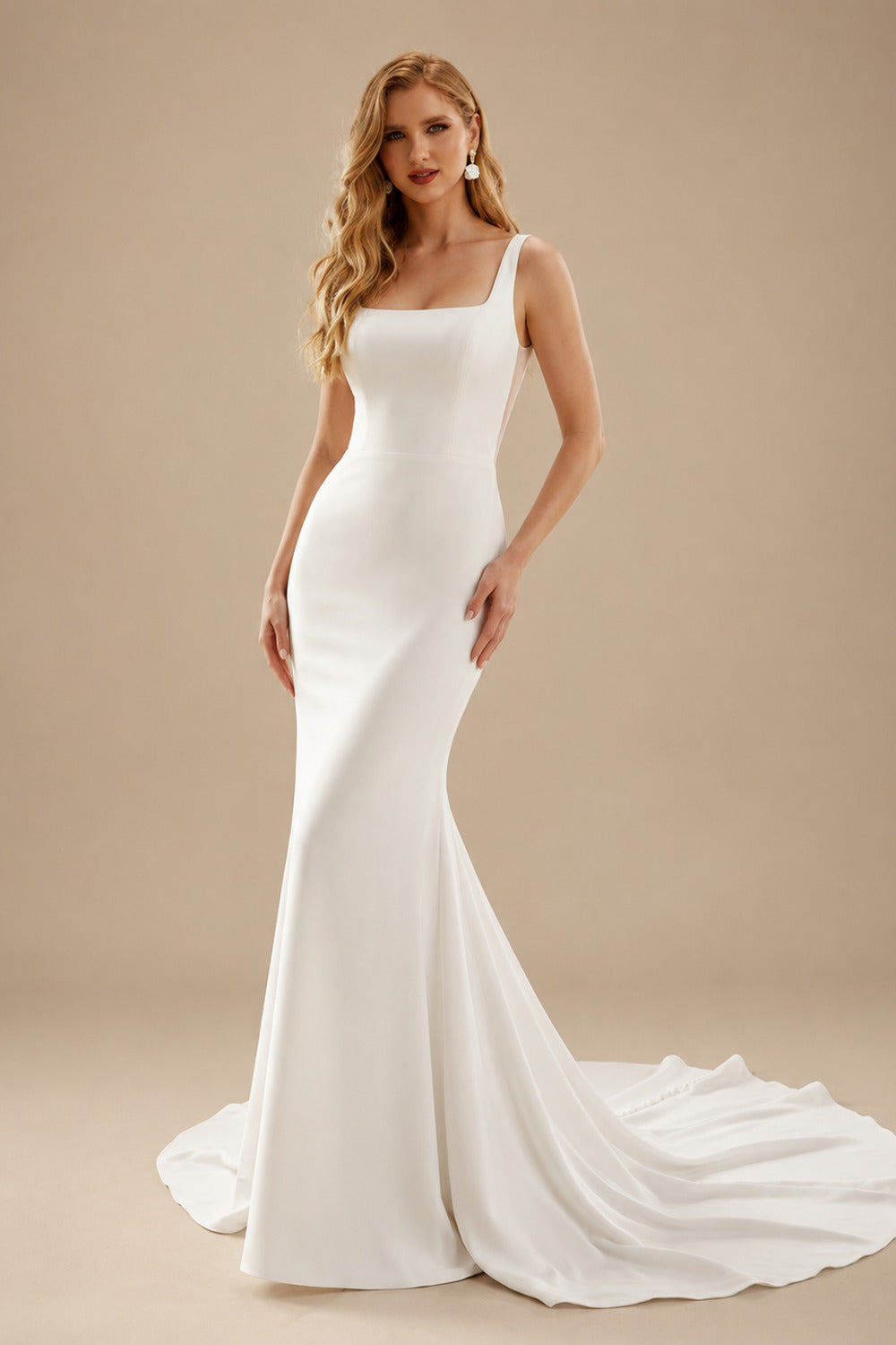 Rutipo Ivory Simple Square Neckline Wedding Dress With Elastic Satin